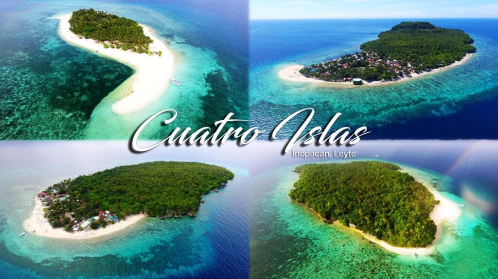 Aerial collage view of Cuatro Islas in Leyte showing four small islands in clear turquoise water.
