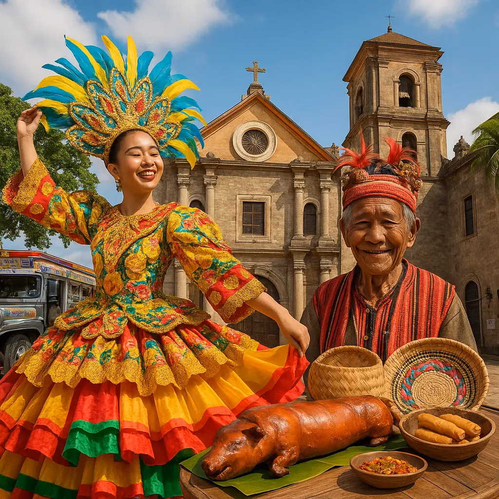 A collage depicting a Colorful Filipino cultural celebration with traditional costumes, historic architecture, and native cuisine.