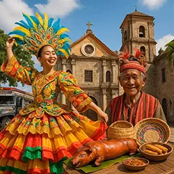 A collage depicting a Colorful Filipino cultural celebration with traditional costumes, historic architecture, and native cuisine.