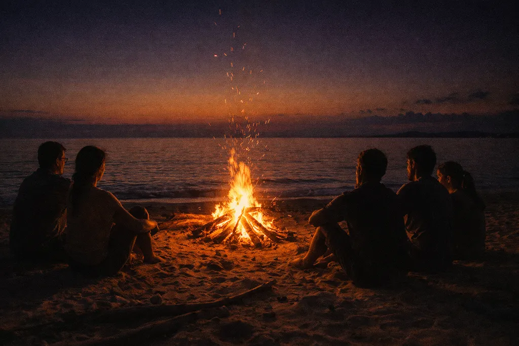 Campfire on Danjugan Island beach at dusk with people sitting quietly.