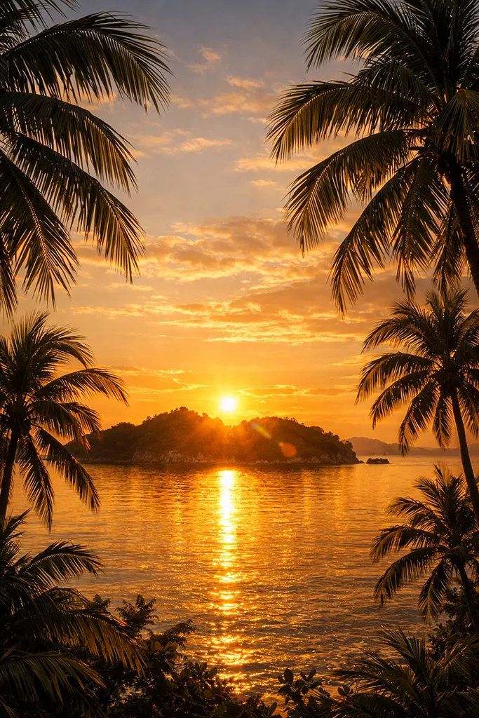 Sunset over Danjugan Island with palm trees and golden sky.