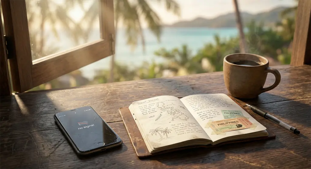 No cell signal smartphone showing disconnected travel experience in remote Samar
