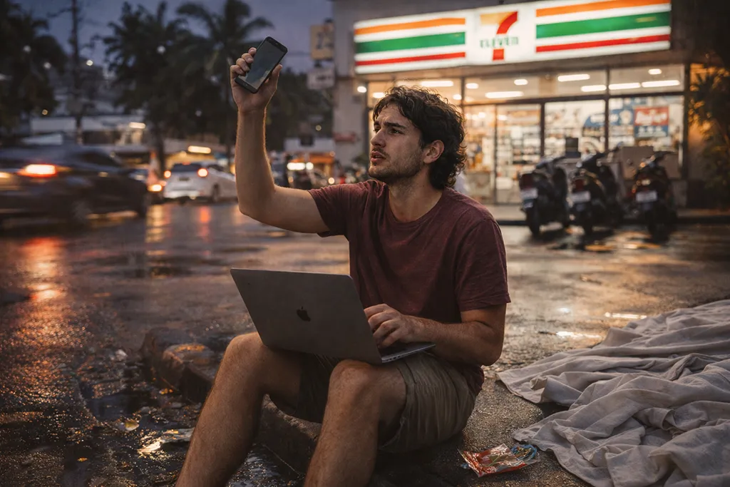 Remote worker struggling with wifi connection in Philippines parking lot
