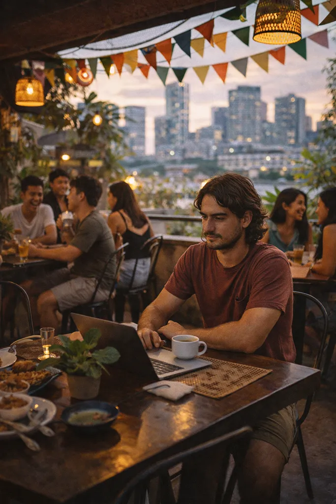 Lonely digital nomad in crowded Philippines cafe feeling isolated despite people around