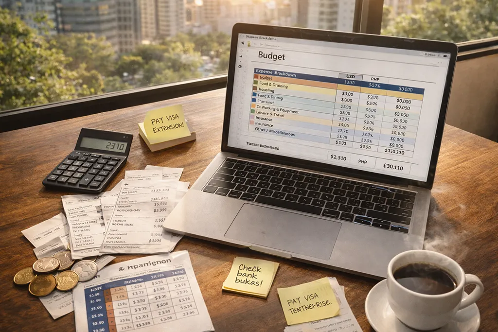 Digital nomad budget spreadsheet showing Philippines living expenses in multiple currencies