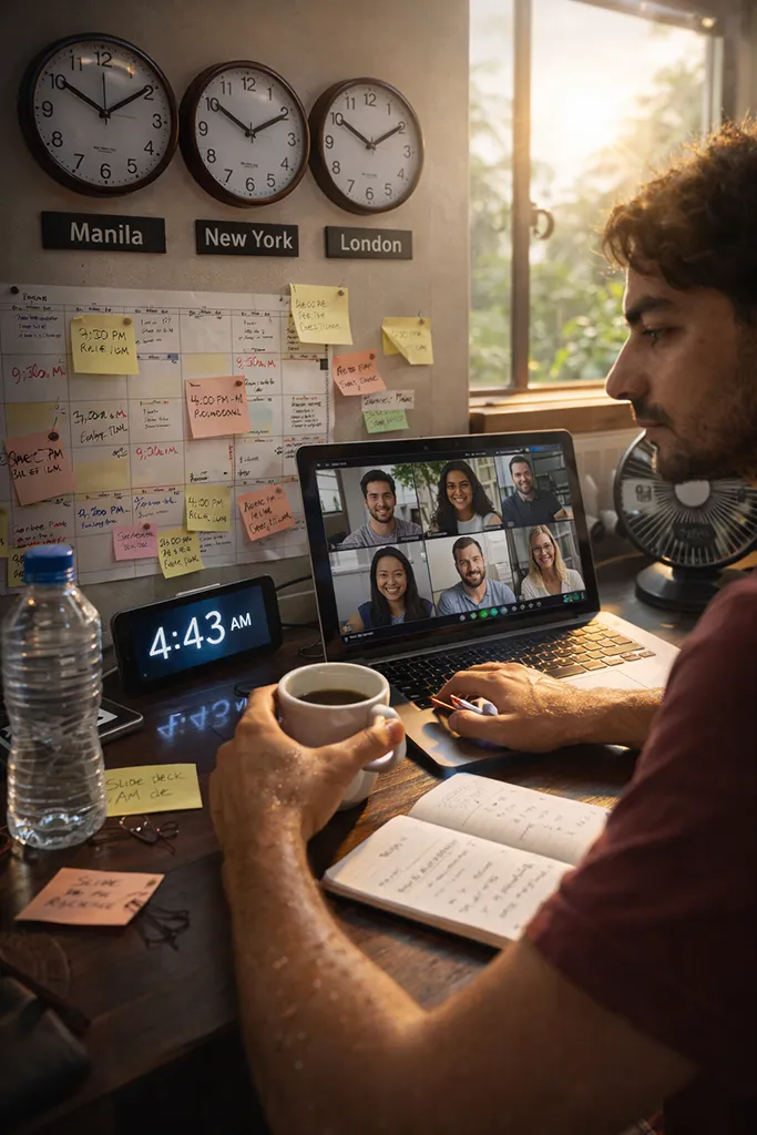 Remote worker managing multiple time zones from Philippines home office