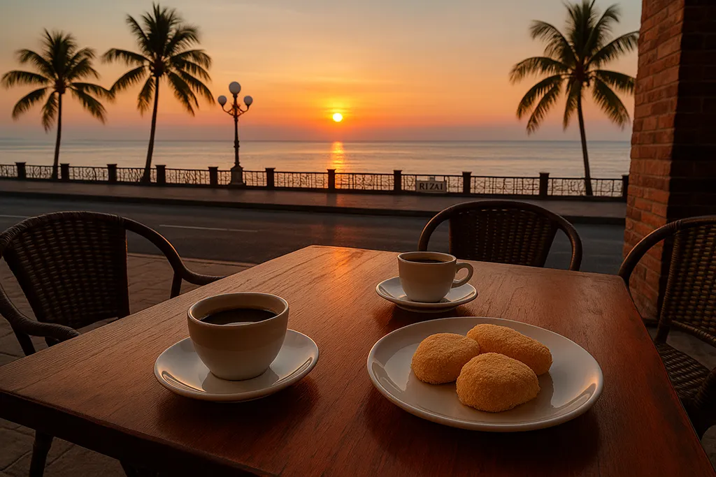 Dumaguete coffee and silvanas on Rizal Boulevard at sunset.