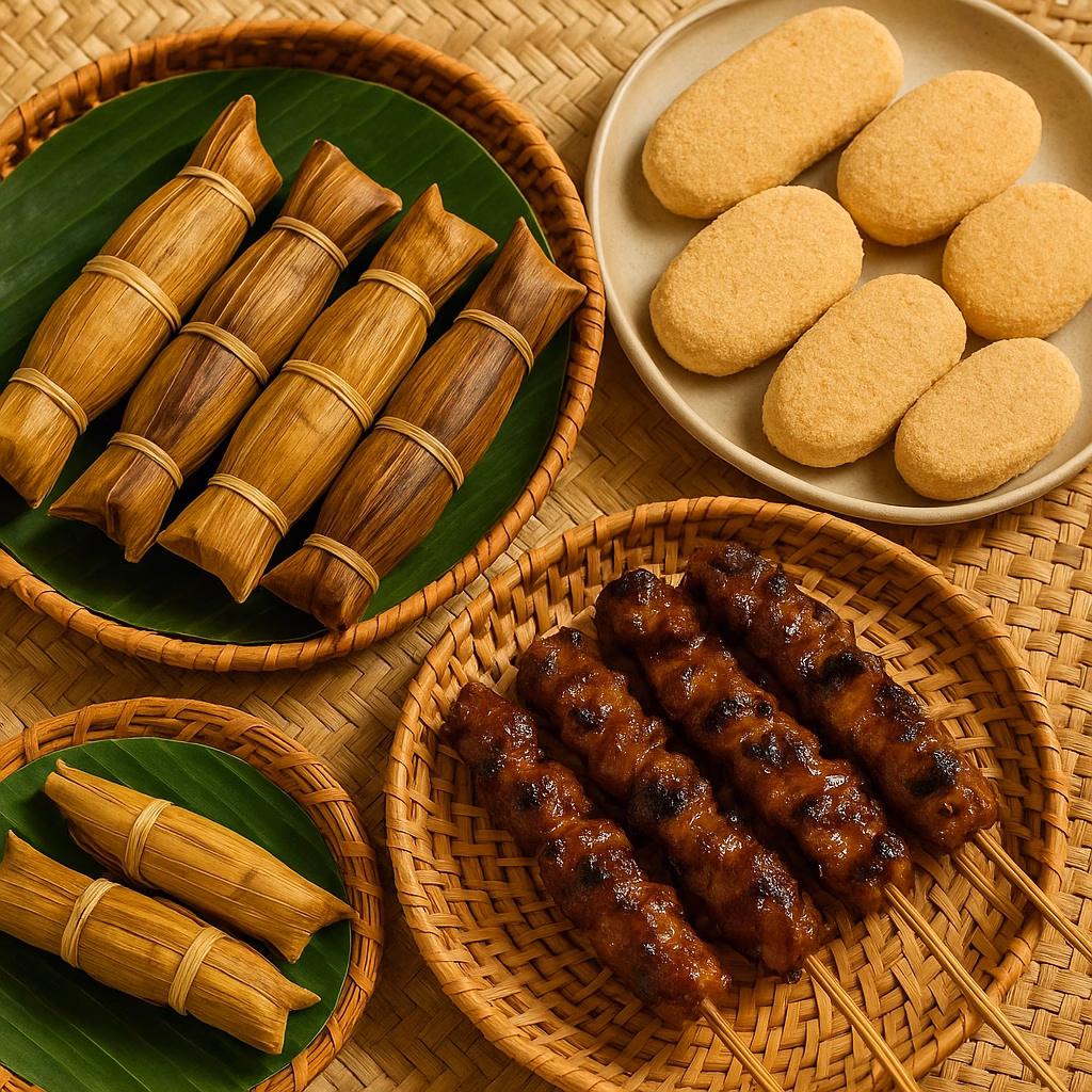 Dumaguete food: budbud kabog, silvanas, and barbecue skewers.