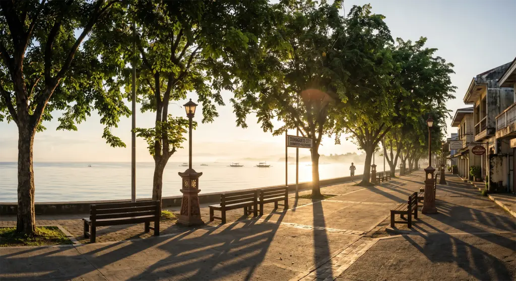 Quiet morning on Rizal Boulevard waterfront promenade Dumaguete City Negros Oriental Philippines