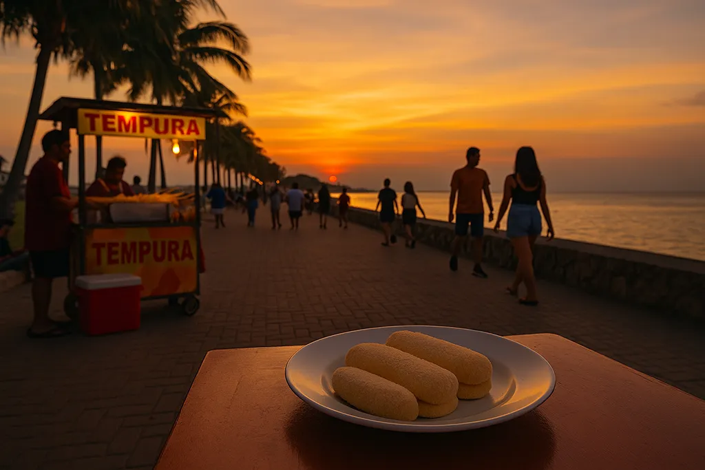 Sunset at Rizal Boulevard in Dumaguete with street food vendors and silvanas on a table.