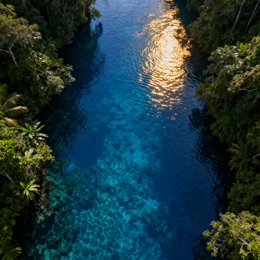 Aerial photo of the Enchanted River in Surigao del Sur with crystal-clear blue water.