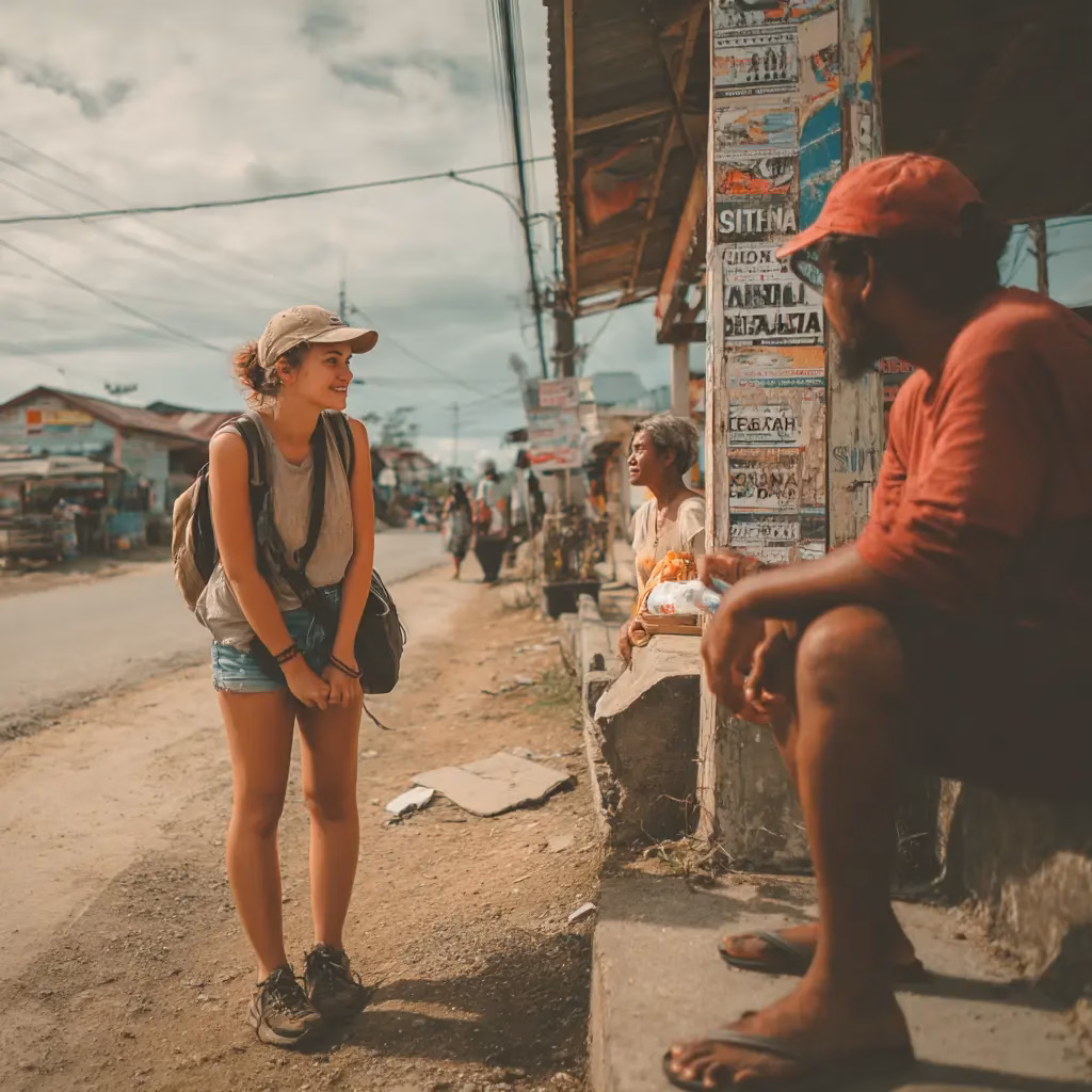 Tourists communicating with Filipino locals using English.
