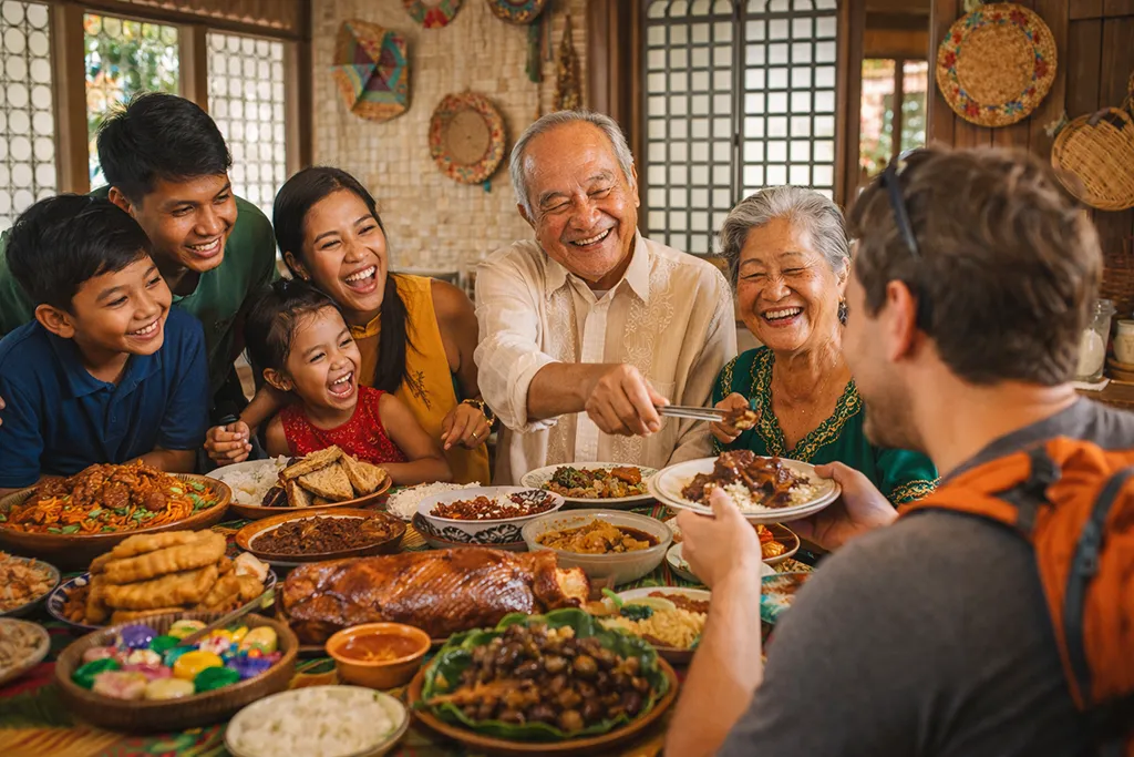 Filipino family hospitality, welcoming tourists, traditional food, cultural experience, Philippines.