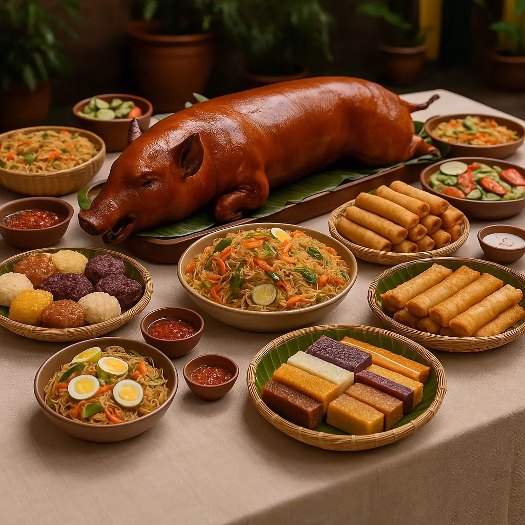 Traditional Filipino fiesta buffet with lechon and native dishes.