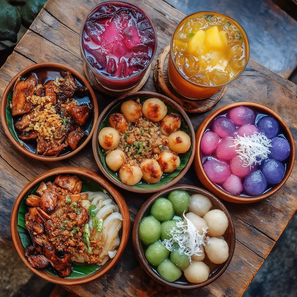 Traditional Filipino dishes including adobo and halo-halo.