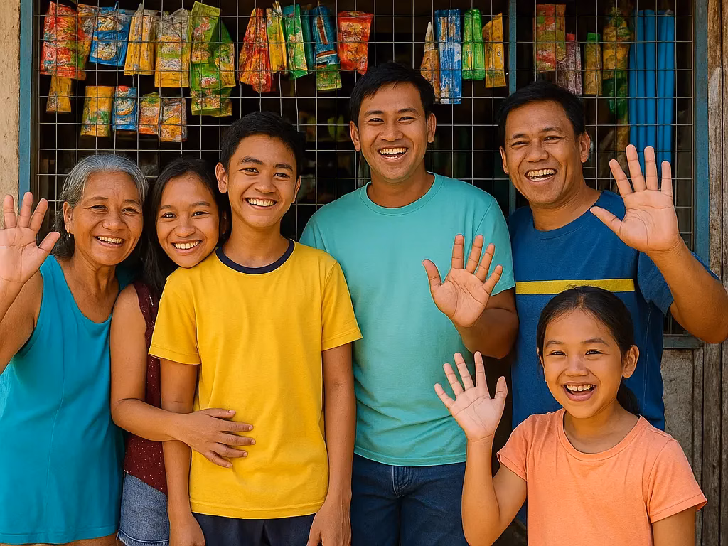 Friendly Filipino locals smiling and waving.