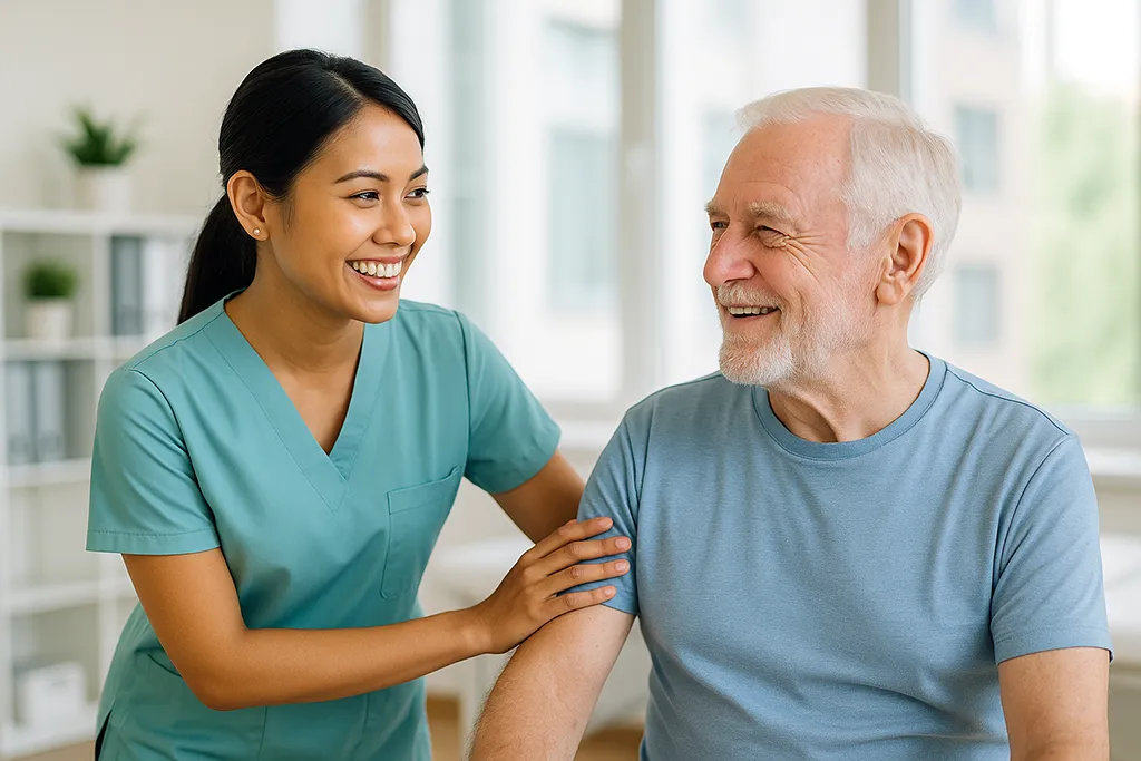 A nurse working with a retiree in the doctors office