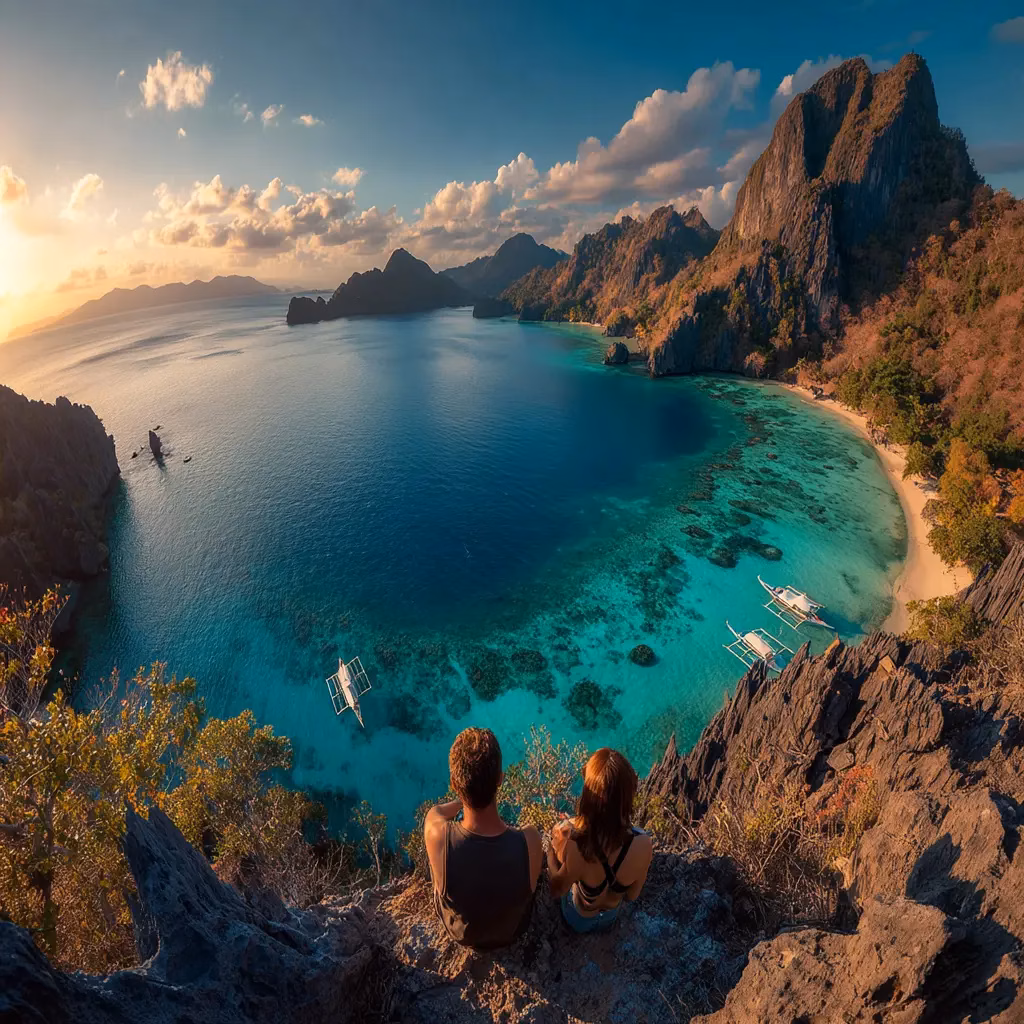 Breathtaking view of El Nido, Palawan, with turquoise lagoons and limestone cliffs at sunset.