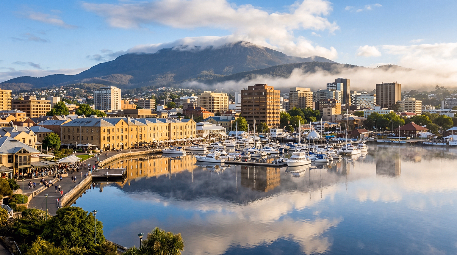 Hobart, Tasmania, waterfront and city with Mount Wellington rising behind it