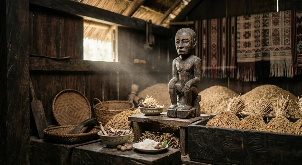 Ifugao bulul rice guardian wooden carving in traditional granary, Cordillera Philippines