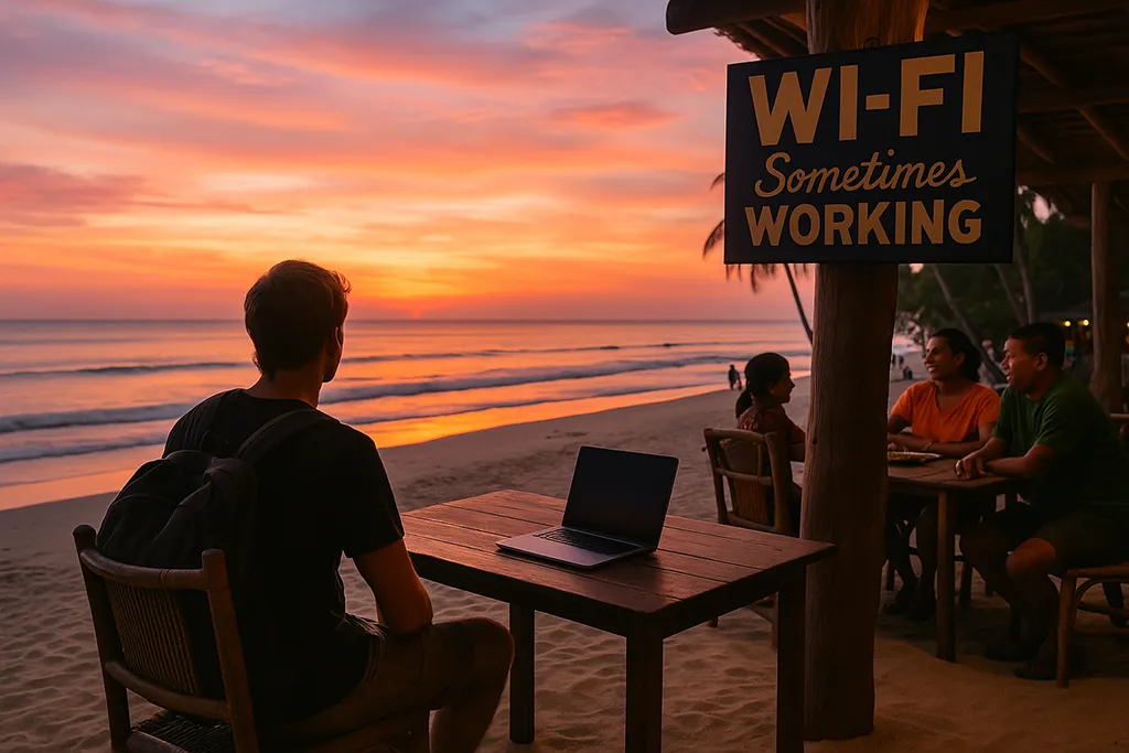 Traveler enjoying sunset at a beachfront café in the Philippines with limited Wi-Fi.