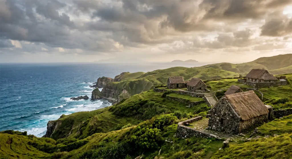 Traditional Ivatan stone houses rolling green hills Batan Island Batanes Philippines