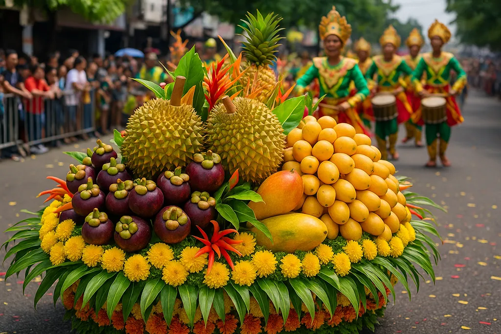 Colorful float decorated with durian and mangosteen at Kadayawan Festival Davao