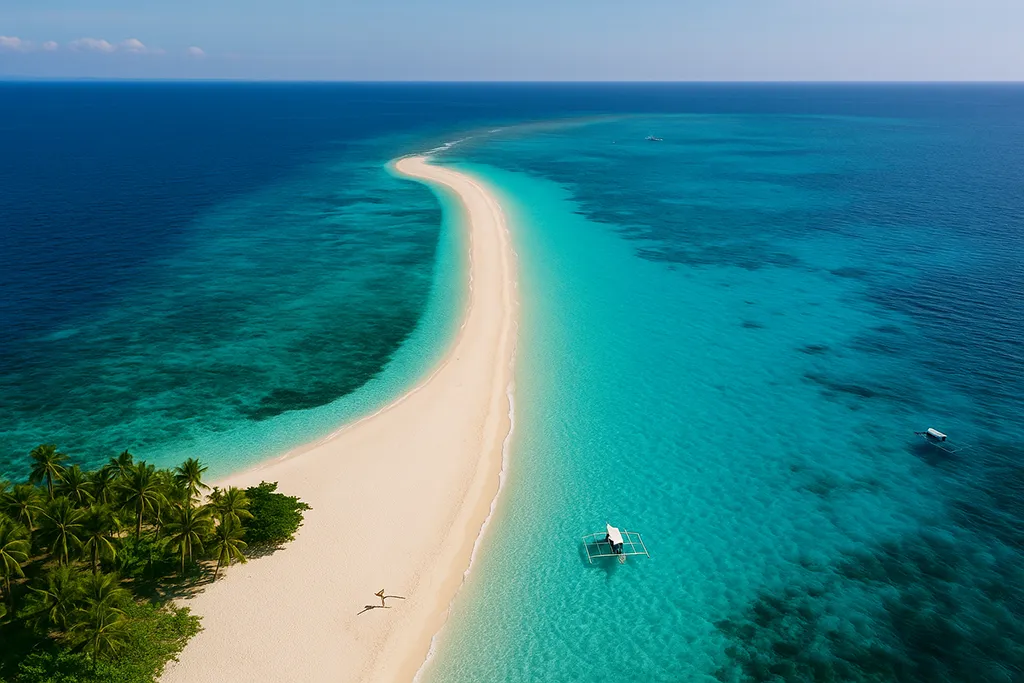 Aerial view of Kalanggaman Island sandbar surrounded by turquoise water and coral reefs in Leyte.