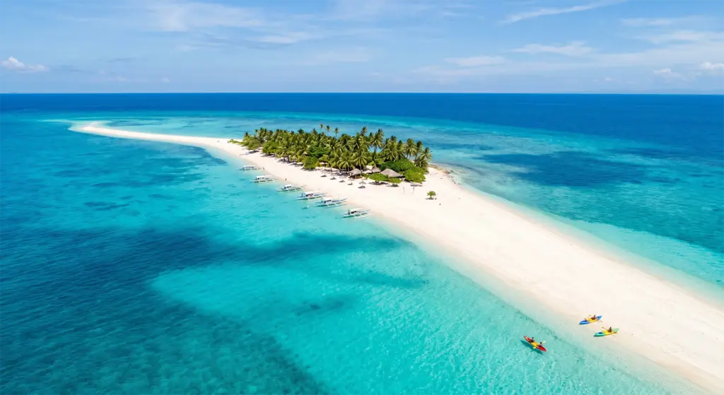 Kalanggaman Island white sandbar extending into turquoise water Leyte Philippines aerial