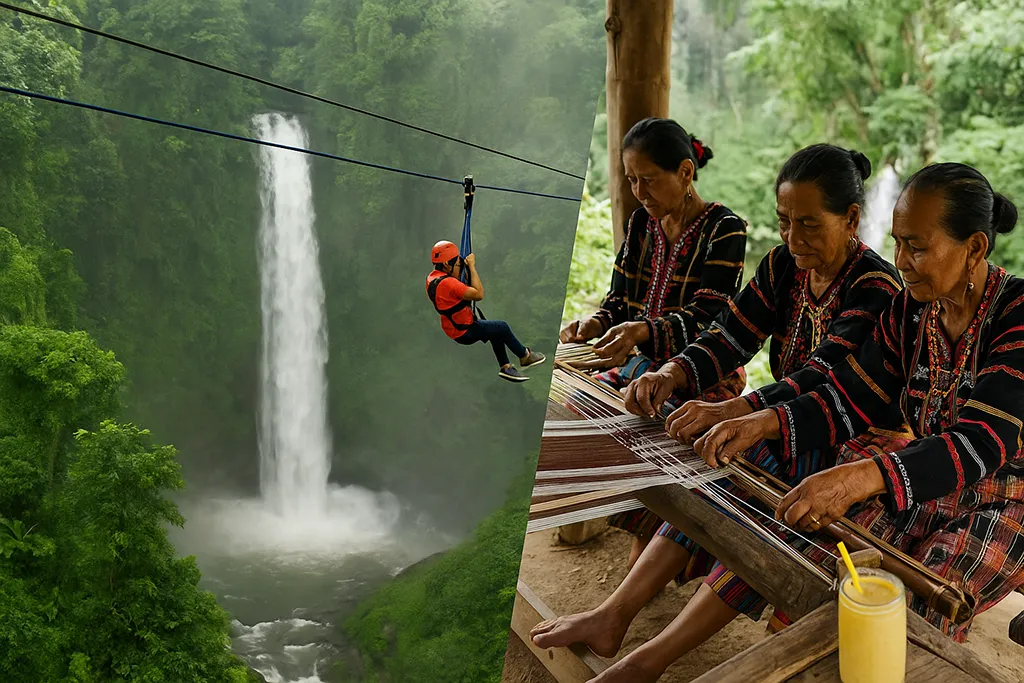 Zipline over waterfalls and T’boli weavers making T’nalak in Lake Sebu.