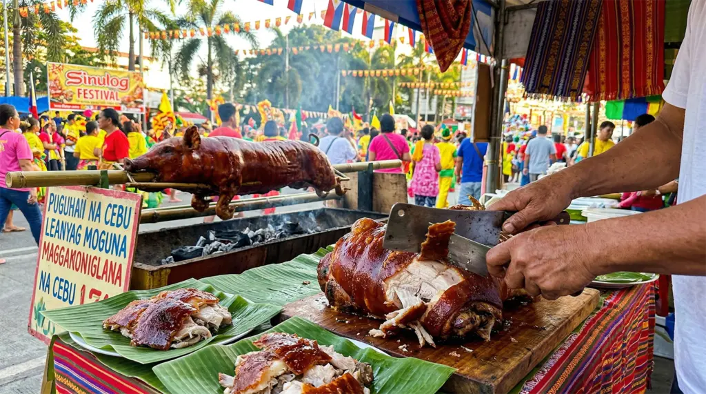 Lechon Cebu, roasted pig, Sinulog Festival, Philippines, crackling skin, charcoal