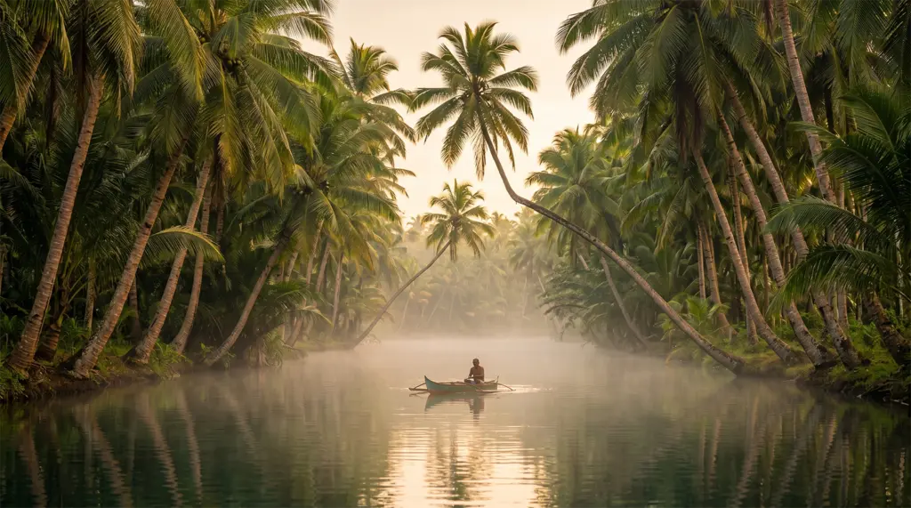 Maasin River, with arching bent coconut palm trees overhanging the river, Siargao, Philippines, canoe