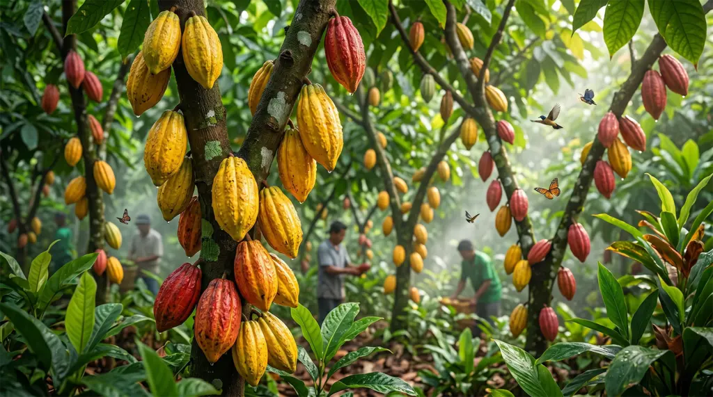 Cacao pods growing on trees at Malagos Garden Resort in Calinan District, Davao