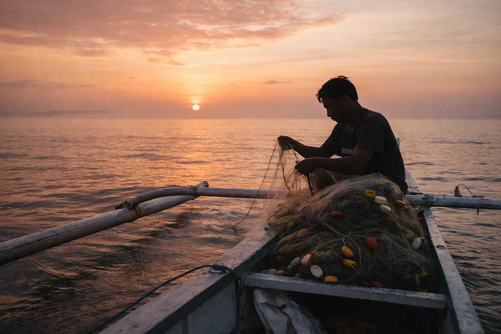 Filipino fisherman at sunrise on traditional bangka boat near Malapascua Island Philippines