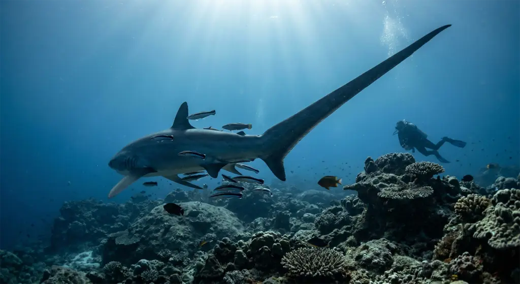 Thresher shark at the Monad Shoal cleaning station at dawn near Malapascua Island, Cebu Philippines