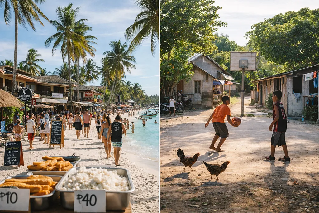Bounty Beach tourist area versus local neighborhood inland Malapascua Island Philippines