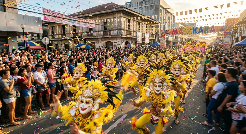 MassKara Festival street dancers in smiling masks Bacolod City Negros Occidental Philippines