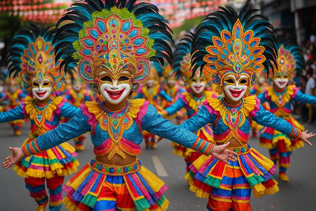 Dancers wearing colorful smiling masks at MassKara Festival Bacolod
