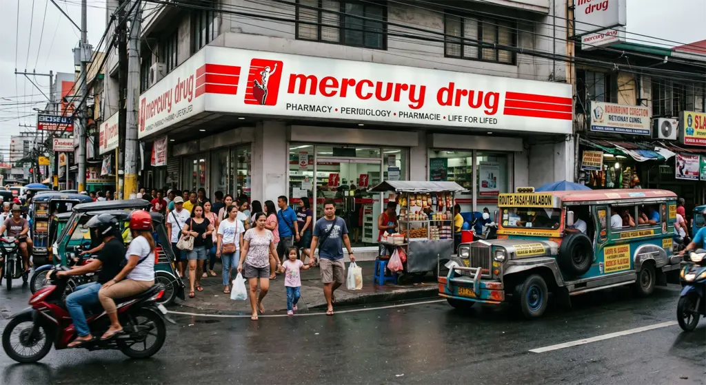 Mercury Drug pharmacy storefront sign Philippines urban street Cebu Dumaguete