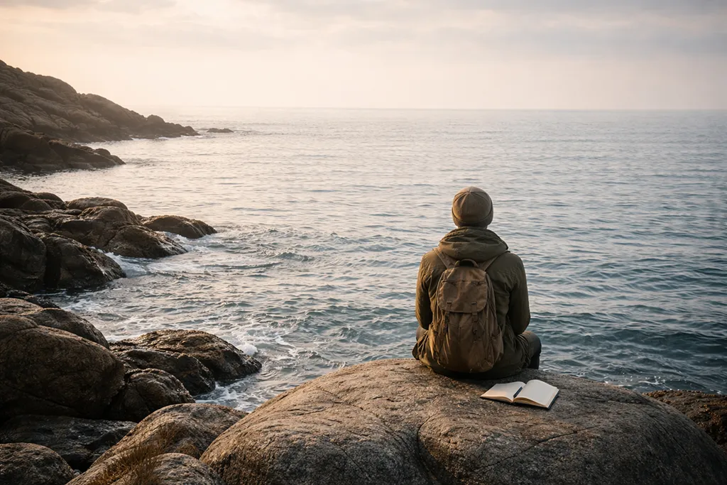 Traveler sitting alone by the ocean on Danjugan Island, reflecting in silence.