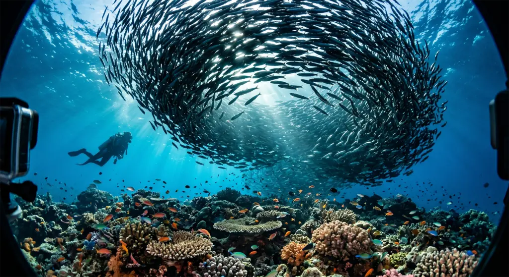 Underwater sardine school swirling reef Moalboal Cebu Philippines