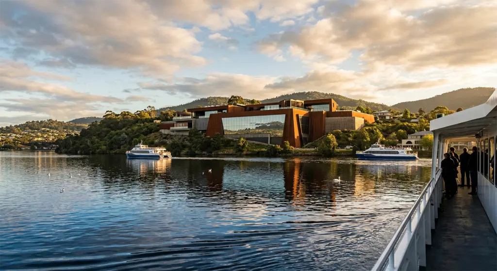 MONA Museum of Old and New Art seen from the Derwent River ferry approach, Hobart, Tasmania