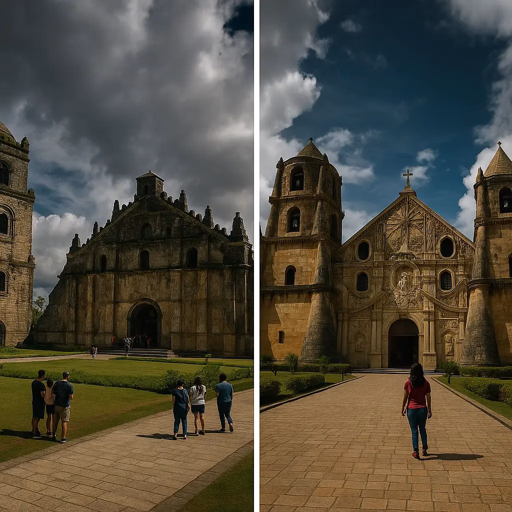 A mosaic of the Miag-ao Church on the right and the Paoay Church in Ilocos Norte (on the left); both are UNESCO Baroque churches built during Spanish colonization in the Philippines.