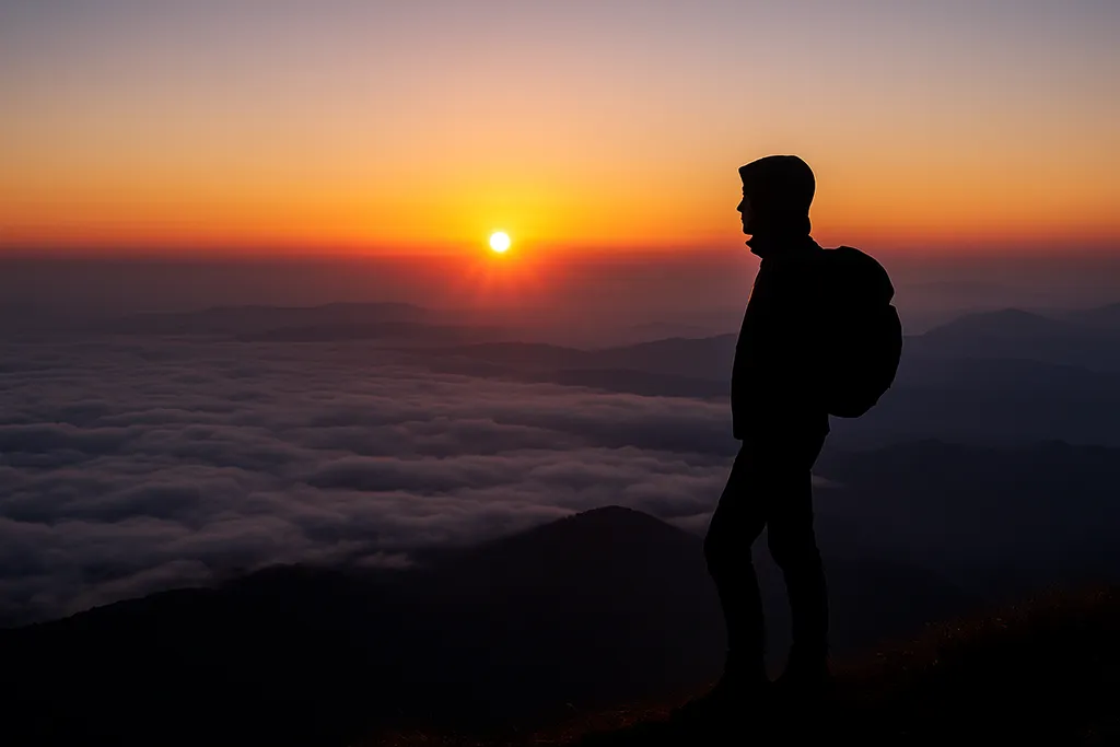Mount Pulag sunrise view above clouds, Benguet, Philippines.
