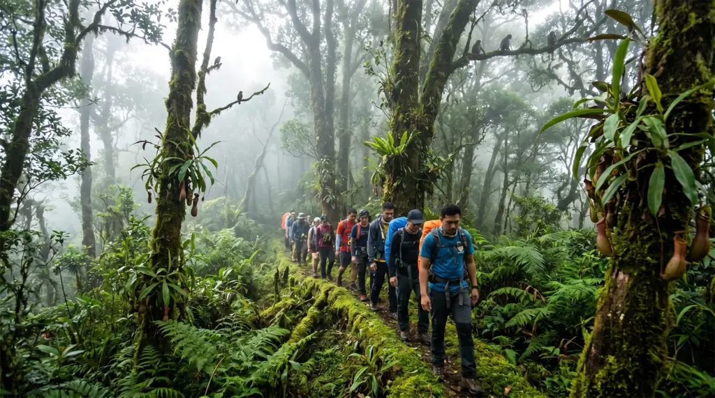 Hikers on the mossy cloud forest trail approaching the summit of Mt. Apo in the Philippines