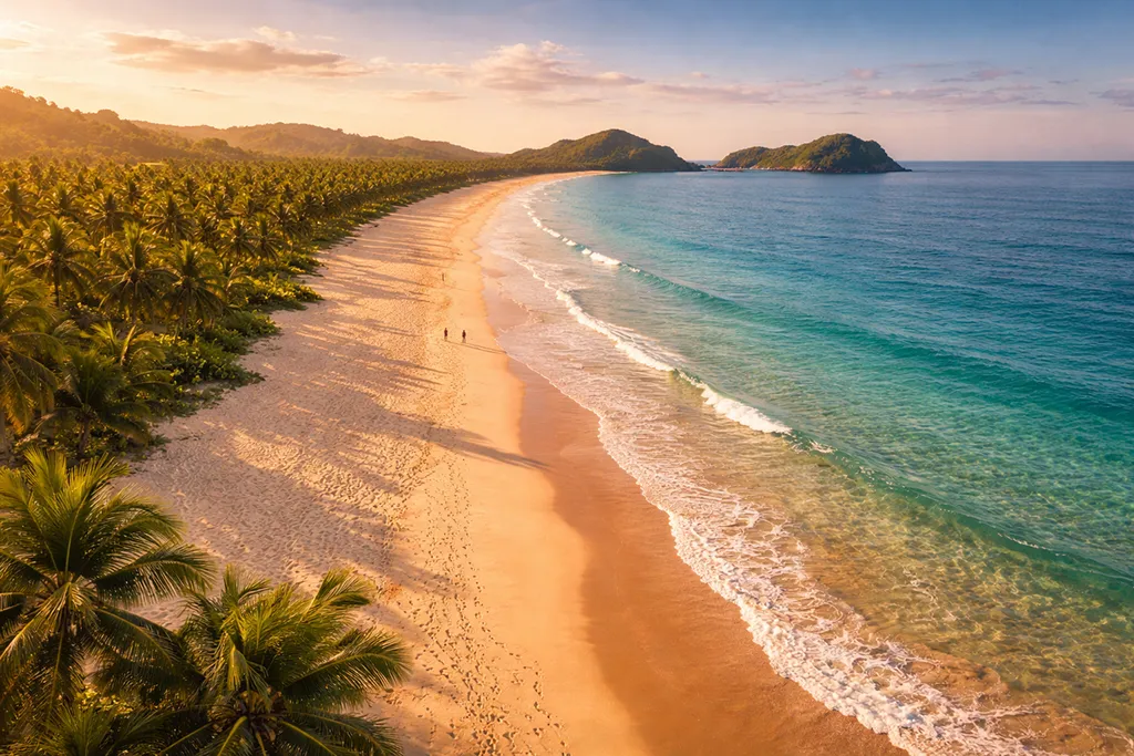 Nacpan Beach long stretch golden sand palm trees El Nido Palawan Philippines