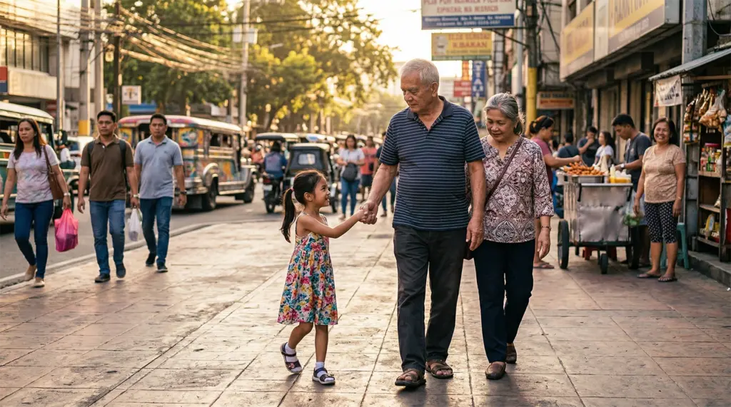 A young child approaching an older man on the sidewalk and showing her respect.