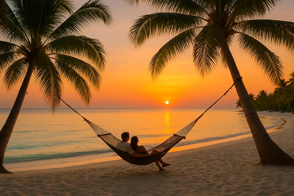 Couple relaxing in hammock on Paliton Beach during sunset in Siquijor.