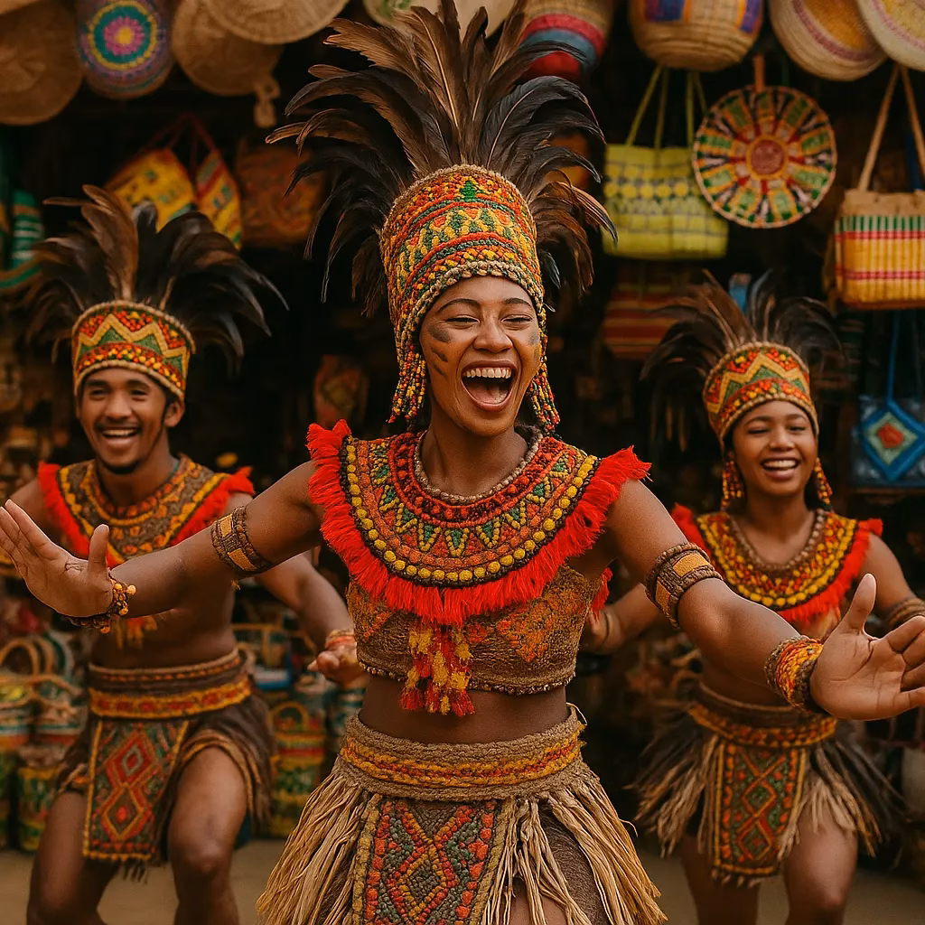Cultural festival performance in front of a market stall in the Philippines.