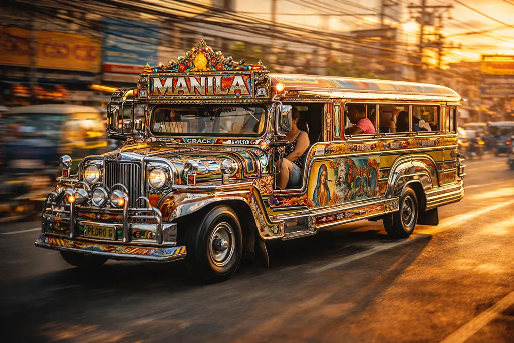 Colorful-decorated jeepney, M,anila, Philippines, traditional public transportation icon.